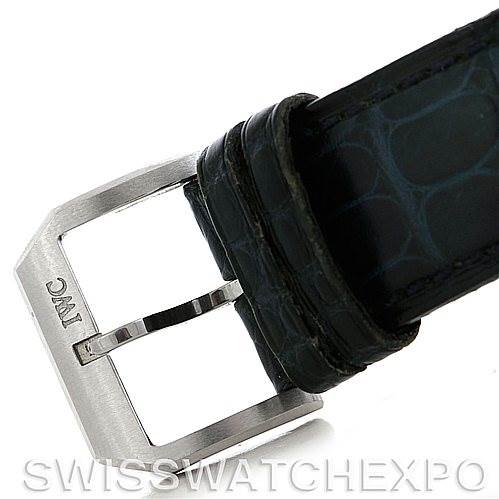 This image shows a close-up of the buckle and part of the leather strap of an IWC Portuguese IW371417 Men
s Stainless Steel Silver Dial IW371417 Men
s Stainless Steel Silver Dial watch.