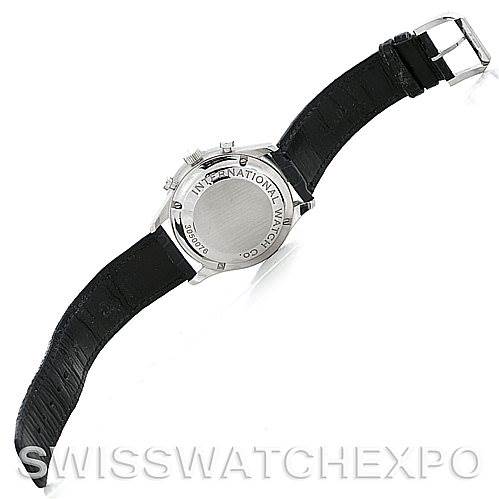 The image shows the back side of the IWC Portuguese IW371417 Men
s Stainless Steel Silver Dial IW371417 Men
s Stainless Steel Silver Dial model watch, featuring its leather strap and the engraved case back.