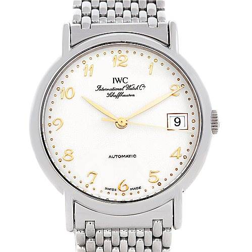 The image shows a front view of the IWC GST Men's Stainless Steel Silver Dial Men's Stainless Steel Silver Dial model, highlighting its silver case, white dial, gold numerals, and stainless steel bracelet.