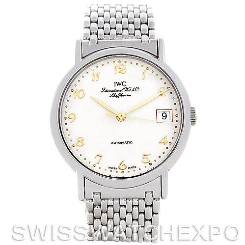 The image shows a front view of an IWC GST Men's Stainless Steel Silver Dial Men's Stainless Steel Silver Dial model watch, displaying the face, bezel, crown, and part of the stainless steel bracelet.