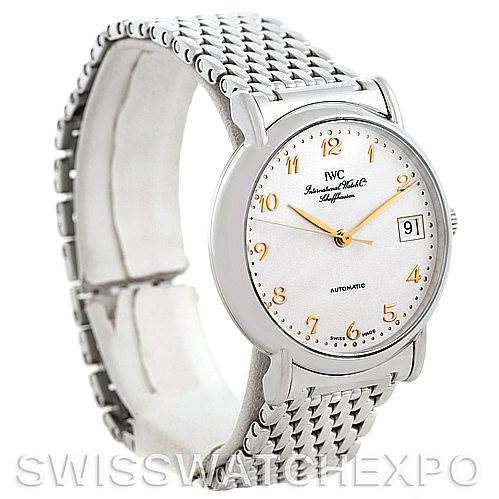 The image shows the front and left side of an IWC GST Men's Stainless Steel Silver Dial Men's Stainless Steel Silver Dial model watch, featuring a silver dial, automatic movement, and a metal bracelet.