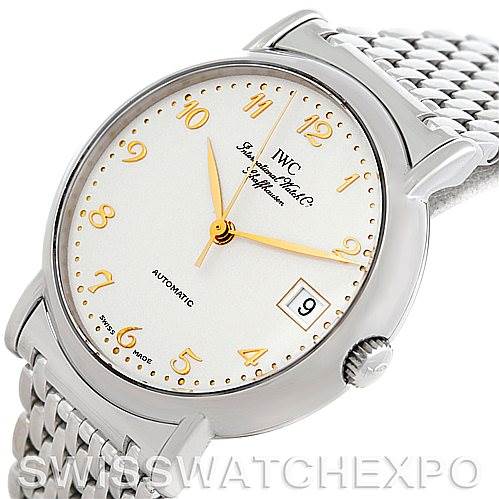 This image shows a close-up angle of the IWC GST Men's Stainless Steel Silver Dial Men's Stainless Steel Silver Dial watch, highlighting its dial, hands, crown, and part of the metal bracelet.