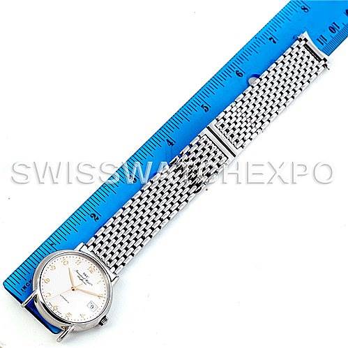 The image shows a top-down view of an IWC GST Men's Stainless Steel Silver Dial Men's Stainless Steel Silver Dial model watch, displaying the mesh bracelet, dial, and clasp against a ruler for scale.