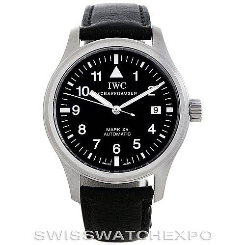 The image shows a frontal view of the IWC Pilot IW325301 Men's Stainless Steel Black Dial IW325301 Men's Stainless Steel Black Dial Mark XV automatic watch, highlighting its dial, hands, and date window.