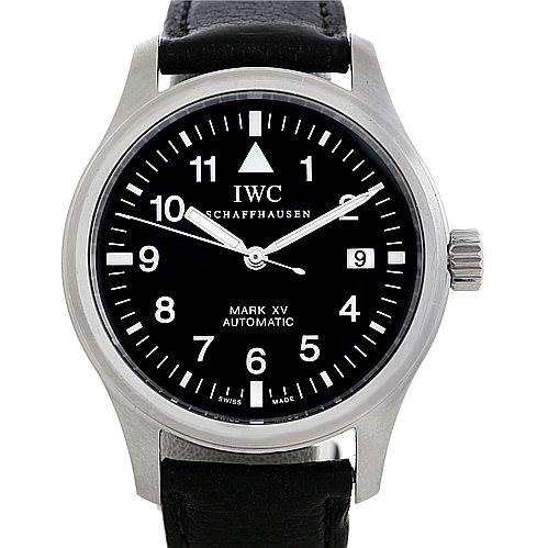The image shows a front view of the IWC Pilot IW325301 Men's Stainless Steel Black Dial IW325301 Men's Stainless Steel Black Dial Mark XV Automatic watch, displaying the dial, hour markers, and date window.