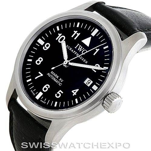 The image shows an angled view of the IWC Pilot IW325301 Men's Stainless Steel Black Dial IW325301 Men's Stainless Steel Black Dial Mark XV Automatic watch, highlighting its dial, crown, and leather strap.