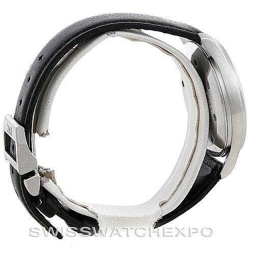 The image shows a side view of an IWC Pilot IW325301 Men's Stainless Steel Black Dial IW325301 Men's Stainless Steel Black Dial model watch, highlighting the black leather strap and stainless steel buckle.