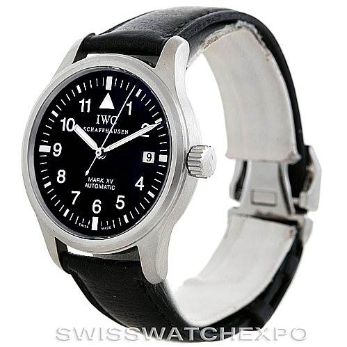 This image shows a front and side angle of the IWC Pilot IW325301 Men's Stainless Steel Black Dial IW325301 Men's Stainless Steel Black Dial Mark XV watch, highlighting the dial, crown, and part of the leather strap.