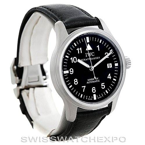A side angle of the IWC Pilot IW325301 Men's Stainless Steel Black Dial IW325301 Men's Stainless Steel Black Dial Mark XV watch showing the dial, bezel, crown, and leather strap.