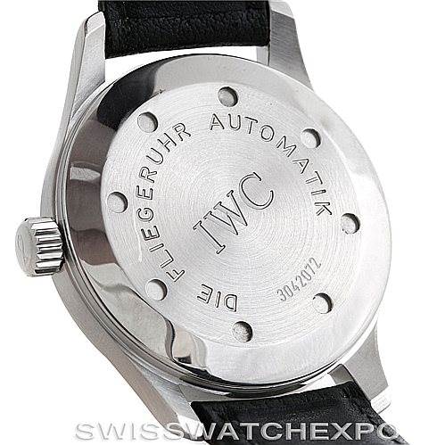 This image shows the back case and crown of an IWC Pilot IW325301 Men's Stainless Steel Black Dial IW325301 Men's Stainless Steel Black Dial model watch from an angled rear view.