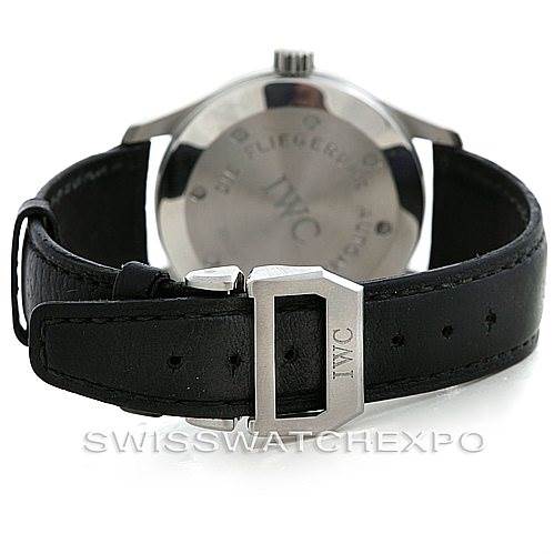 The image shows the back view of the IWC Pilot IW325301 Men's Stainless Steel Black Dial IW325301 Men's Stainless Steel Black Dial watch, featuring the case back and leather strap with an IWC-branded buckle.