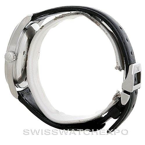 Side view of the IWC Pilot IW325301 Men's Stainless Steel Black Dial IW325301 Men's Stainless Steel Black Dial model watch showing the case, crown, and black leather strap with buckle.