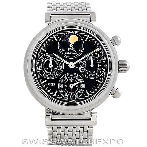 The image shows a frontal view of the IWC Da Vinci 3750-029 Men
s Stainless Steel Black Dial 3750-029 Men
s Stainless Steel Black Dial model watch with its dial, crown, and bracelet clearly visible.
