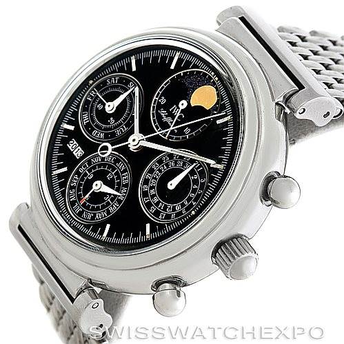 This is a close-up angled shot of the IWC Da Vinci 3750-029 Men
s Stainless Steel Black Dial 3750-029 Men
s Stainless Steel Black Dial model, displaying its face, crown, pushers, and metal strap.