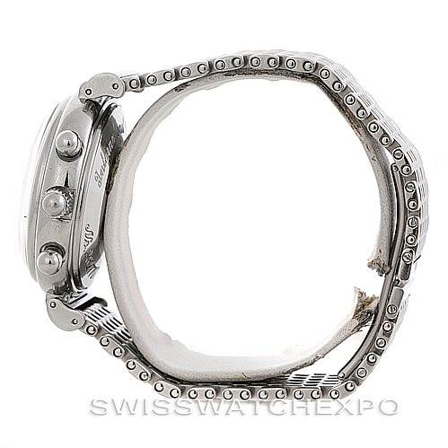 The image shows a side profile view of an IWC Da Vinci 3750-029 Men
s Stainless Steel Black Dial 3750-029 Men
s Stainless Steel Black Dial watch, highlighting the crown, pushers, and bracelet.