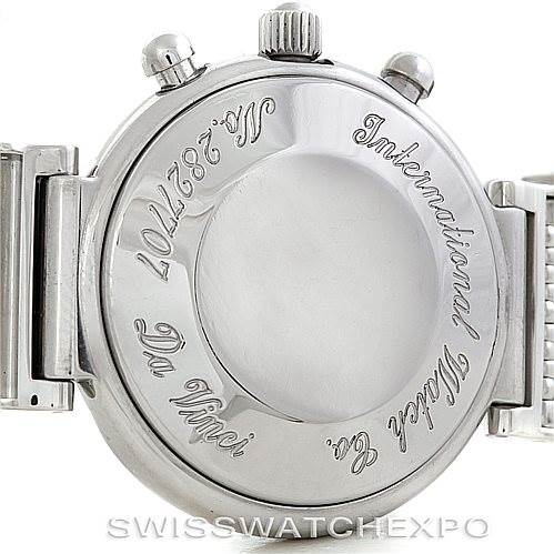 This image shows the back case of an IWC Da Vinci 3750-029 Men
s Stainless Steel Black Dial 3750-029 Men
s Stainless Steel Black Dial watch, showcasing the engravings and the band attachments.