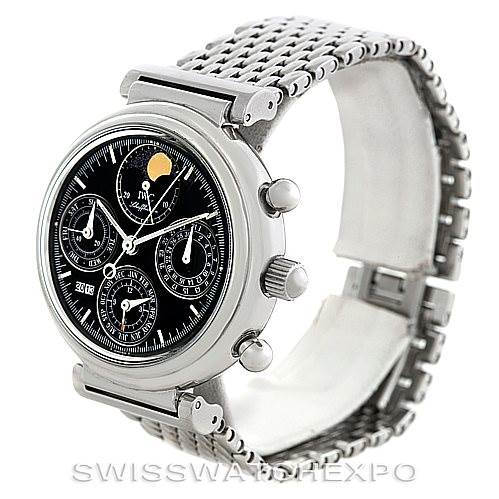 The image shows the IWC Da Vinci 3750-029 Men
s Stainless Steel Black Dial 3750-029 Men
s Stainless Steel Black Dial model watch at a slight side angle, highlighting its dial, chronographs, and metal bracelet.