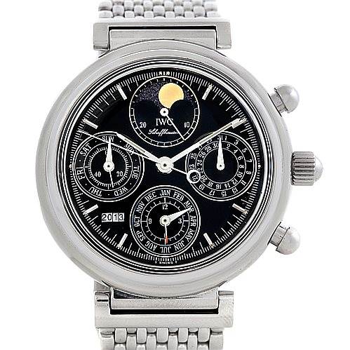 This image shows the front view of an IWC Da Vinci 3750-029 Men
s Stainless Steel Black Dial 3750-029 Men
s Stainless Steel Black Dial watch, highlighting the dial, subdials, moon phase indicator, and the metal bracelet.