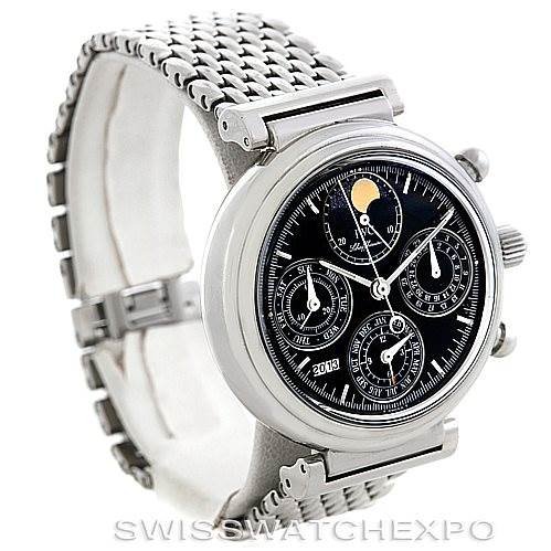 The image shows a side angle view of an IWC Da Vinci 3750-029 Men
s Stainless Steel Black Dial 3750-029 Men
s Stainless Steel Black Dial model watch, highlighting its round face, moon phase indicator, and metal bracelet.