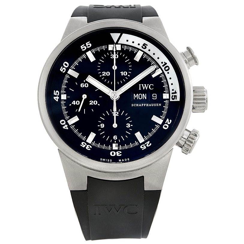 This image shows a frontal view of an IWC Aquatimer IW371933 Men's Stainless Steel Black Dial IW371933 Men's Stainless Steel Black Dial watch, including its dial, bezel, pushers, and strap.