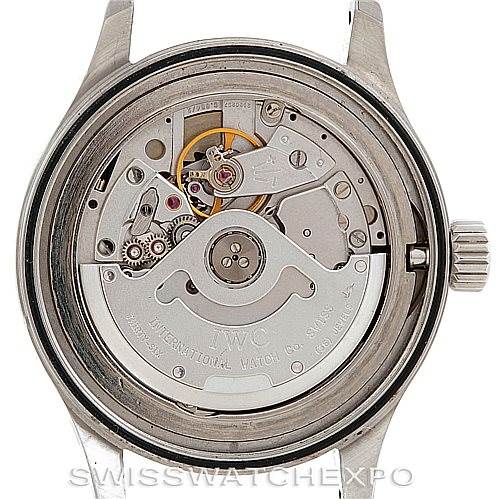 Rear view of the IWC Pilot MARK XII Men's Stainless Steel Black Dial MARK XII Men's Stainless Steel Black Dial watch showcasing its internal mechanical parts and movement.