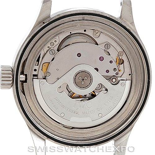 This image shows the backside of the IWC Pilot MARK XII Men's Stainless Steel Black Dial MARK XII Men's Stainless Steel Black Dial model watch, revealing its internal movement and mechanics.