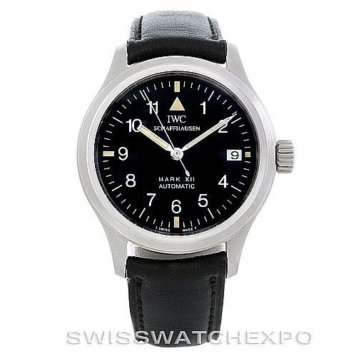 The IWC Pilot MARK XII Men's Stainless Steel Black Dial MARK XII Men's Stainless Steel Black Dial model watch is shown from a front angle, displaying its black dial, silver casing, and black leather strap.
