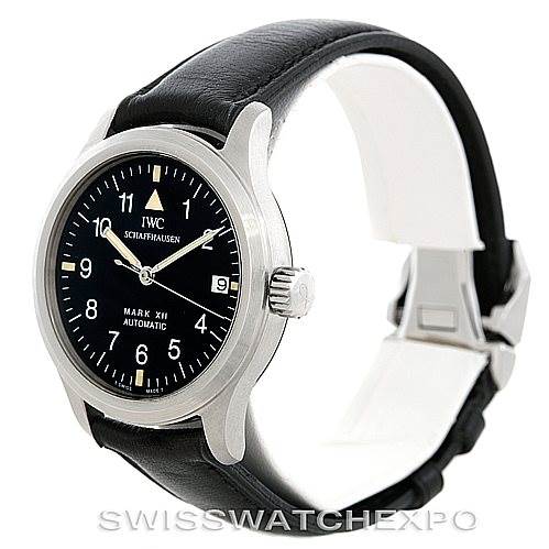 The image shows an IWC Pilot MARK XII Men's Stainless Steel Black Dial MARK XII Men's Stainless Steel Black Dial Mark XII Automatic watch from a diagonal front angle, highlighting its leather strap and clasp.