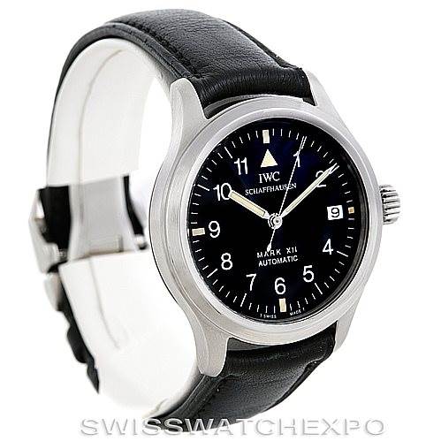 The image shows a side-angle view of the IWC Pilot MARK XII Men's Stainless Steel Black Dial MARK XII Men's Stainless Steel Black Dial Mark XII Automatic watch, highlighting its face, bezel, crown, and strap.