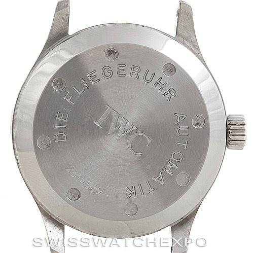 The image shows the back case and crown of the IWC Pilot MARK XII Men's Stainless Steel Black Dial MARK XII Men's Stainless Steel Black Dial model watch.