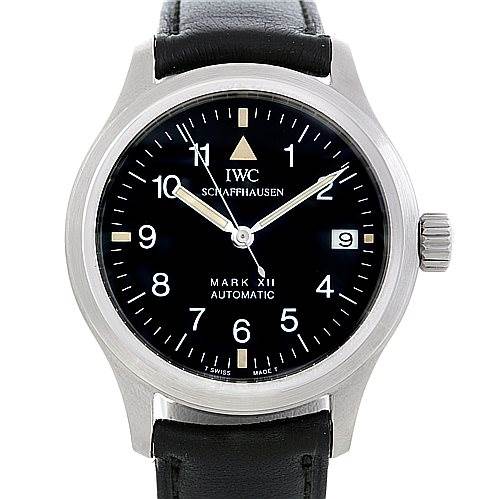 This is a frontal view of the IWC Pilot MARK XII Men's Stainless Steel Black Dial MARK XII Men's Stainless Steel Black Dial Mark XII Automatic watch, showing the black dial, hour markers, hands, date, and leather strap.