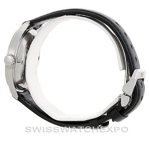 The image shows a side profile of an IWC Pilot MARK XII Men's Stainless Steel Black Dial MARK XII Men's Stainless Steel Black Dial model watch, highlighting the case, crown, and leather strap.