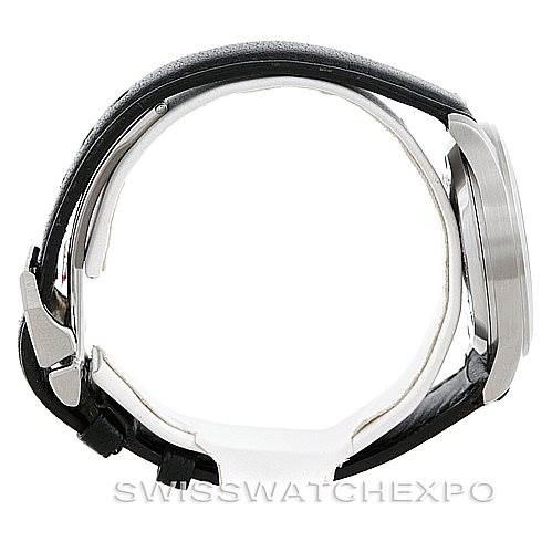 This image shows a side angle of the IWC Pilot MARK XII Men's Stainless Steel Black Dial MARK XII Men's Stainless Steel Black Dial watch, highlighting the case and leather strap.