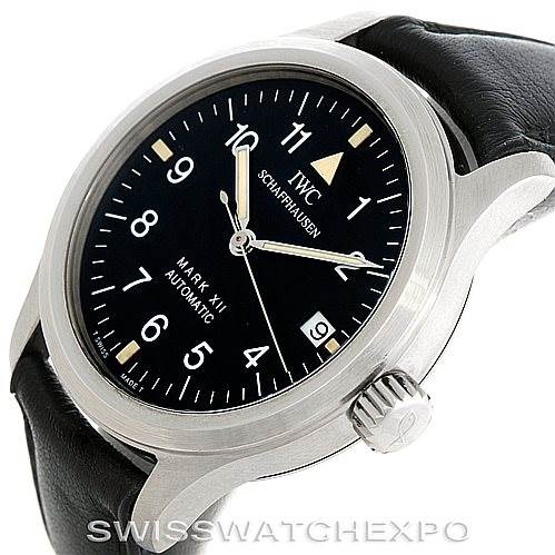 This image shows an angled view of the IWC Pilot MARK XII Men's Stainless Steel Black Dial MARK XII Men's Stainless Steel Black Dial Mark XV Automatic watch, highlighting the black dial, silver case, and crown.