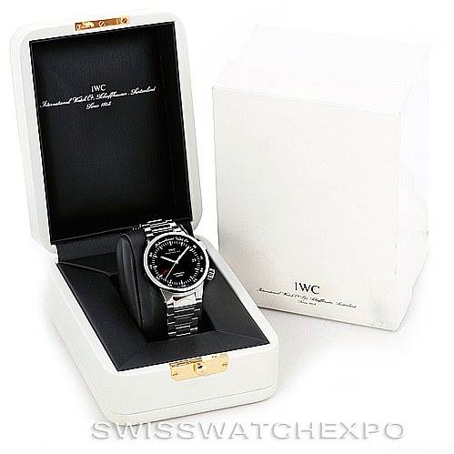 The IWC GST 3537 Men's Stainless Steel Black Dial 3537 Men's Stainless Steel Black Dial model watch is shown at an angle inside an open box, displaying its face and bracelet.
