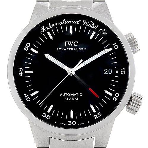 This image shows the front view of the IWC GST 3537 Men's Stainless Steel Black Dial 3537 Men's Stainless Steel Black Dial model watch, highlighting its dial, hands, hour markers, and crowns.