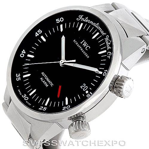 The image shows the IWC GST 3537 Men's Stainless Steel Black Dial 3537 Men's Stainless Steel Black Dial model watch at a three-quarter angle highlighting the dial, hands, and side crowns.