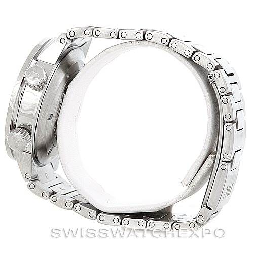 The image shows a side view of an IWC GST 3537 Men's Stainless Steel Black Dial 3537 Men's Stainless Steel Black Dial model watch, highlighting the crown, pushers, and metal bracelet.