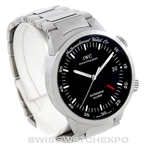 The image shows a front-left angled view of an IWC GST 3537 Men's Stainless Steel Black Dial 3537 Men's Stainless Steel Black Dial model watch, displaying the face, bezel, crown, and stainless steel bracelet.