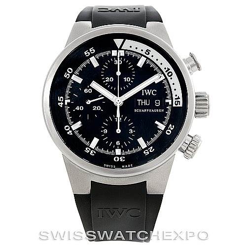 This image shows a front view of the IWC Aquatimer IW371933 Men's Stainless Steel Black Dial IW371933 Men's Stainless Steel Black Dial model wristwatch including its face, bezel, and strap.