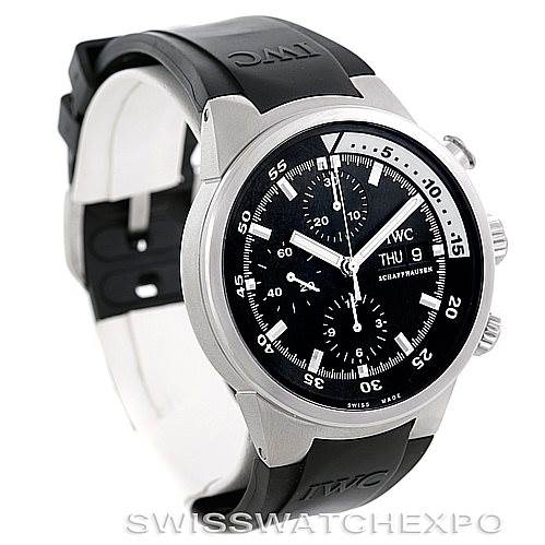 The image shows an angled view of an IWC Aquatimer IW371933 Men's Stainless Steel Black Dial IW371933 Men's Stainless Steel Black Dial watch, featuring the face, bezel, and part of the strap.