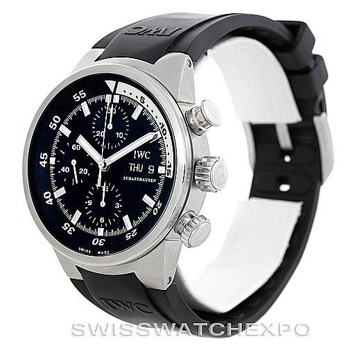 The image shows an IWC Aquatimer IW371933 Men's Stainless Steel Black Dial IW371933 Men's Stainless Steel Black Dial watch at an angle focusing on the face, bezel, crown, pushers, and part of the rubber strap.
