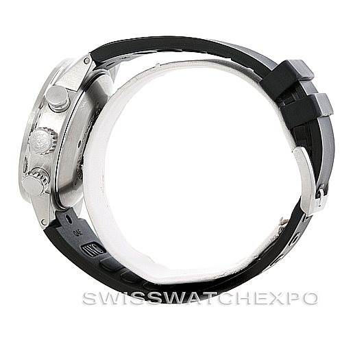 The image shows a side view of the IWC Aquatimer IW371933 Men's Stainless Steel Black Dial IW371933 Men's Stainless Steel Black Dial watch, highlighting the crown, pushers, and black rubber strap.