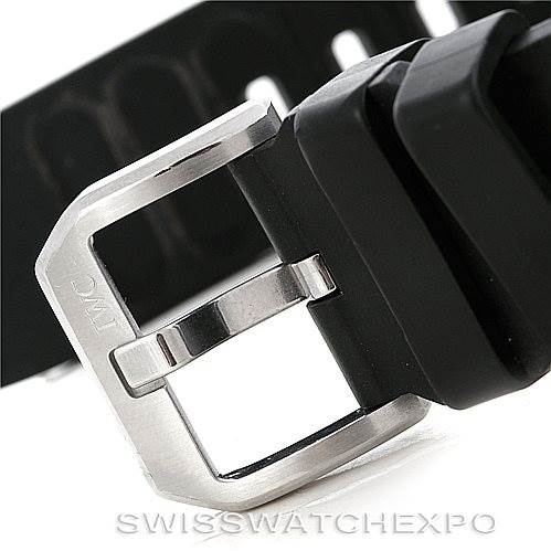 This image shows the stainless steel buckle and part of the black rubber strap for an IWC Aquatimer IW371933 Men's Stainless Steel Black Dial IW371933 Men's Stainless Steel Black Dial watch, captured at close-up.