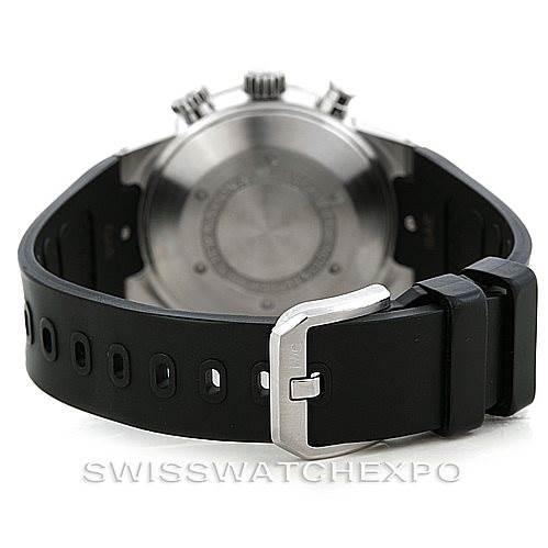 The image shows the back of the IWC Aquatimer IW371933 Men's Stainless Steel Black Dial IW371933 Men's Stainless Steel Black Dial watch, featuring its case back and black rubber strap with a buckle closure.