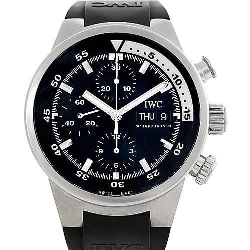 This is a front view of the IWC Aquatimer IW371933 Men's Stainless Steel Black Dial IW371933 Men's Stainless Steel Black Dial watch, showing the dial, chronograph sub-dials, day/date display, and pushers.