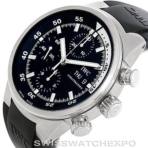 The image shows an IWC Aquatimer IW371933 Men's Stainless Steel Black Dial IW371933 Men's Stainless Steel Black Dial watch at a slight angle, revealing the face, chronograph dials, and side pushers.