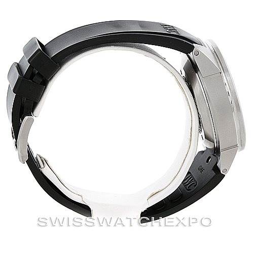 A side view of the IWC Aquatimer IW371933 Men's Stainless Steel Black Dial IW371933 Men's Stainless Steel Black Dial watch showing the case, crown, bracelet, and clasp.