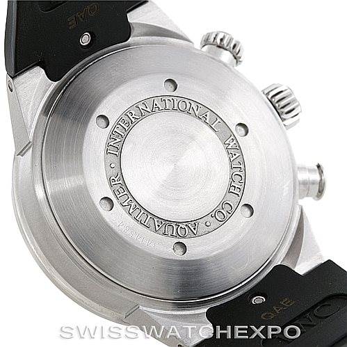 This image shows the back and side view of an IWC Aquatimer IW371933 Men's Stainless Steel Black Dial IW371933 Men's Stainless Steel Black Dial watch, highlighting the case back and crown.