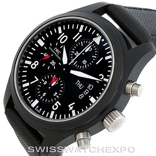 This image shows an angled view of an IWC Pilot IW378901 Men's Titanium Black Dial IW378901 Men's Titanium Black Dial model watch, highlighting its black dial, chronograph subdials, and crown.